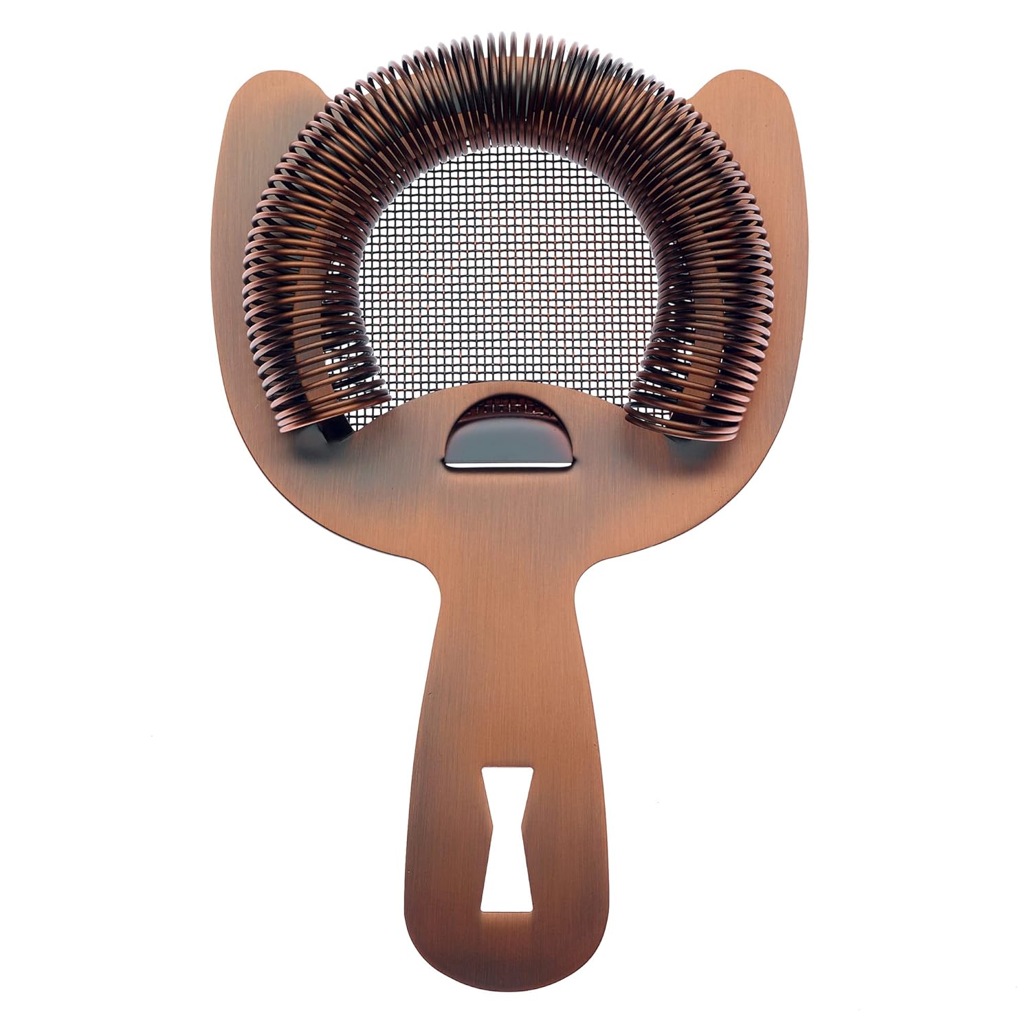 An Antique Copper finished Barfly Fine Mesh Spring Strainer on a white background