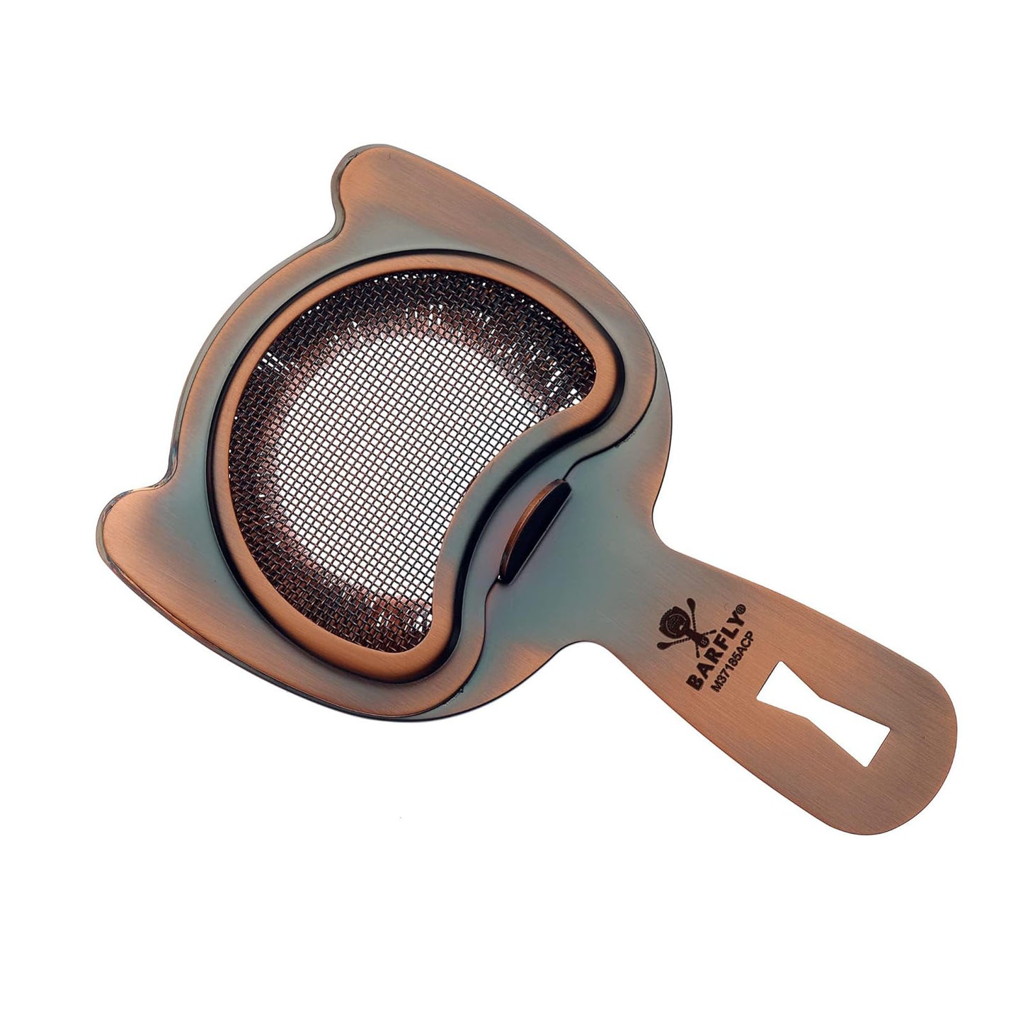 An Antique Copper finished Barfly Fine Mesh Spring Strainer on a white background