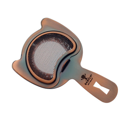 An Antique Copper finished Barfly Fine Mesh Spring Strainer on a white background