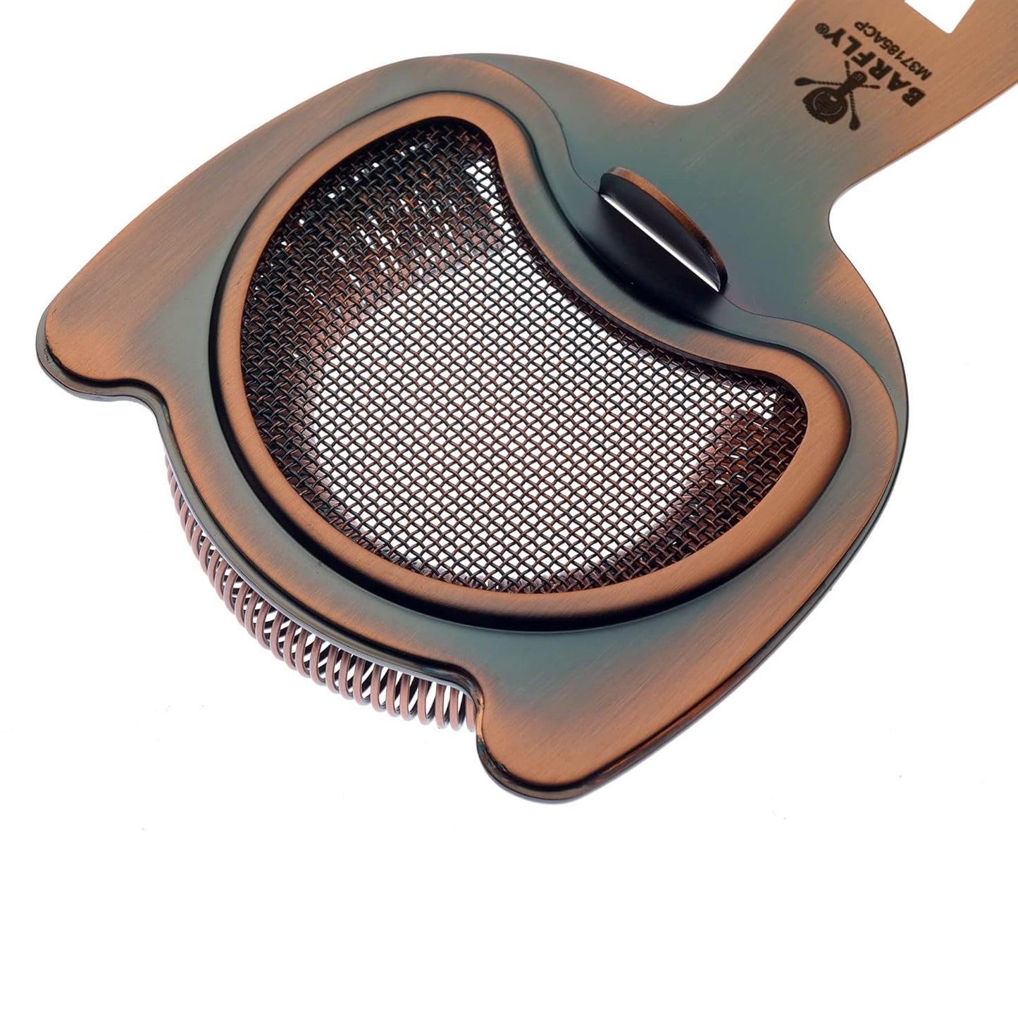 An Antique Copper finished Barfly Fine Mesh Spring Strainer on a white background