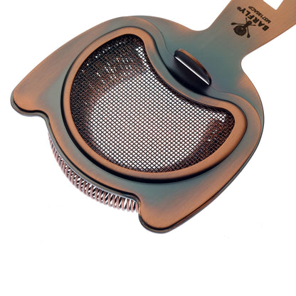 An Antique Copper finished Barfly Fine Mesh Spring Strainer on a white background