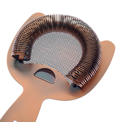 An Antique Copper finished Barfly Fine Mesh Spring Strainer on a white background