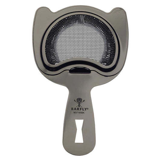 A Black Barfly Fine Mesh Spring Strainer on a white background