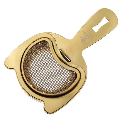 A Gold Plated  Barfly Fine Mesh Spring Strainer on a white background