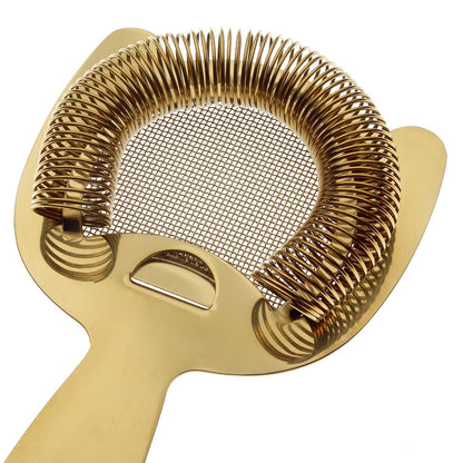 A Gold Plated  Barfly Fine Mesh Spring Strainer on a white background