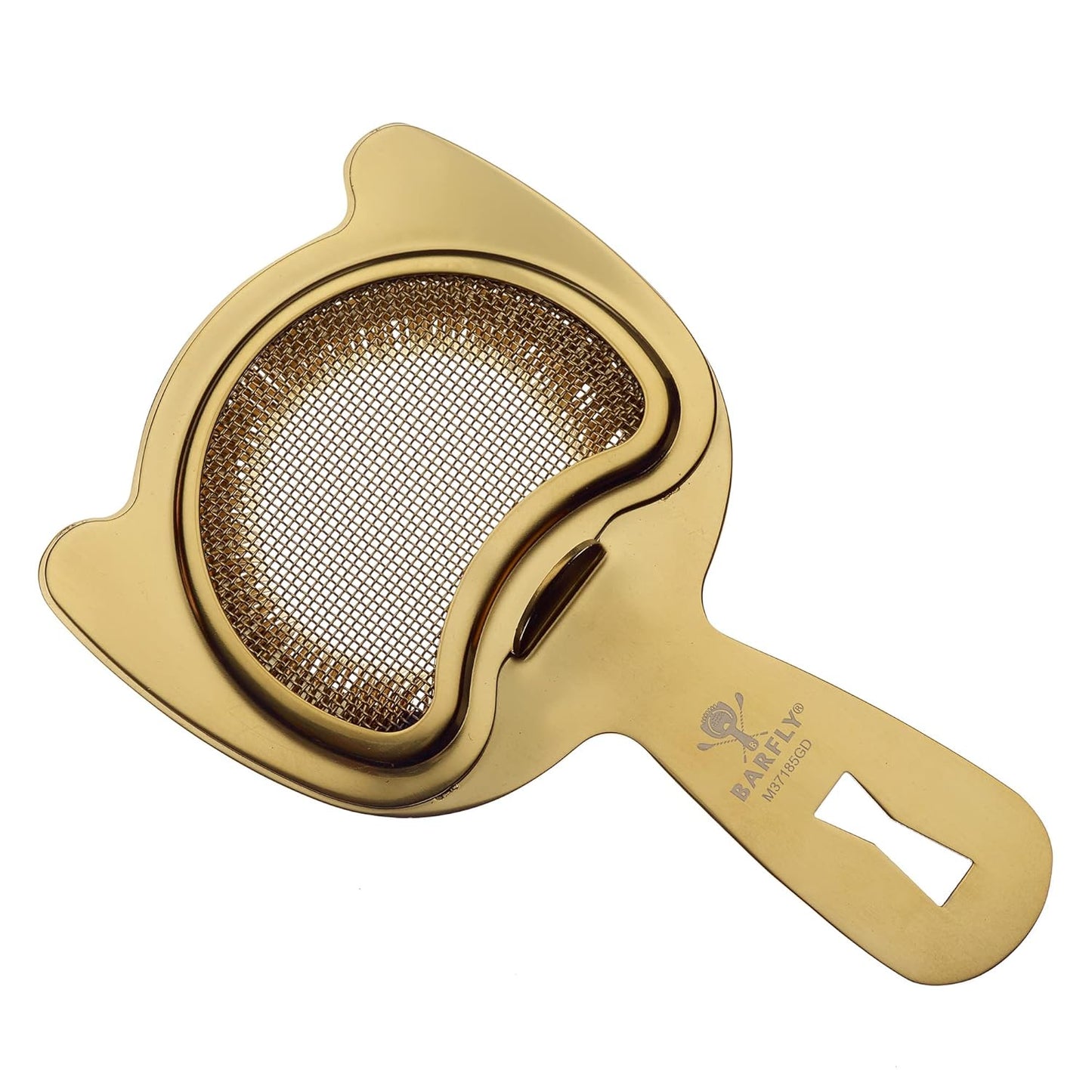 A Gold Plated  Barfly Fine Mesh Spring Strainer on a white background