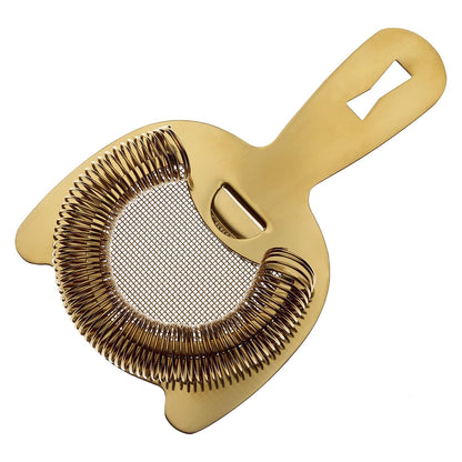 A Gold Plated  Barfly Fine Mesh Spring Strainer on a white background