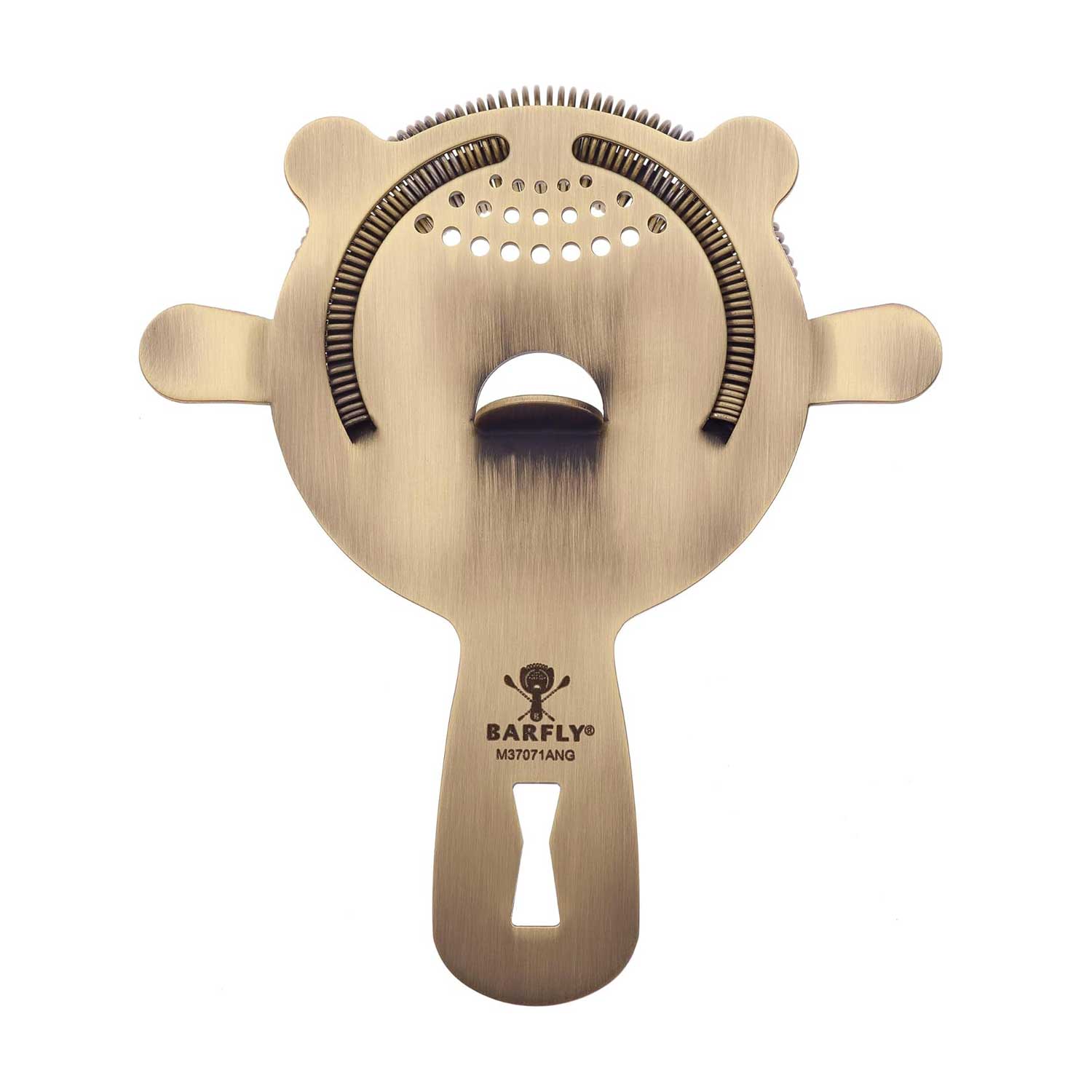 An Antique Gold Barfly Heavy-Duty 4 Prong Spring Bar Strainer on a white background