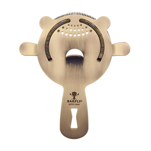 An Antique Gold Barfly Heavy-Duty 4 Prong Spring Bar Strainer on a white background