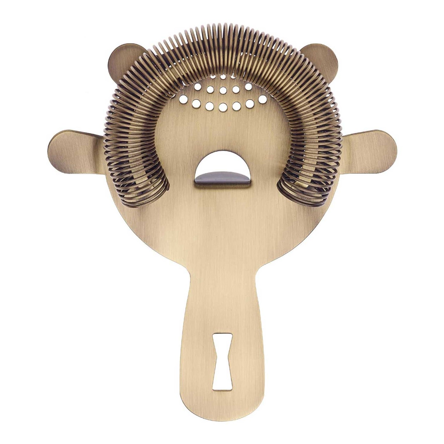 An Antique Gold Barfly Heavy-Duty 4 Prong Spring Bar Strainer on a white background