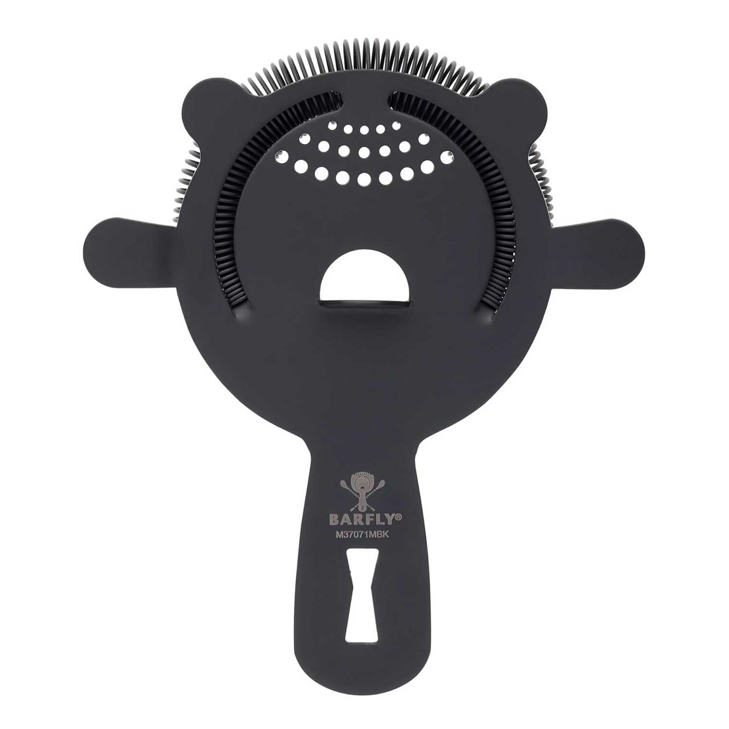 A Matte Black Barfly Heavy-Duty 4 Prong Spring Bar Strainer on a white background