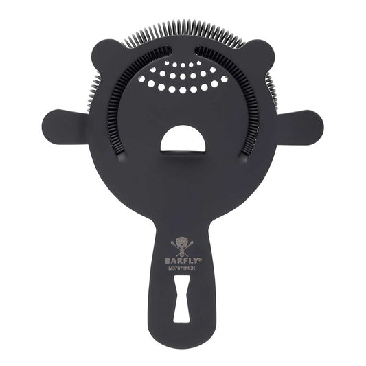A Matte Black Barfly Heavy-Duty 4 Prong Spring Bar Strainer on a white background