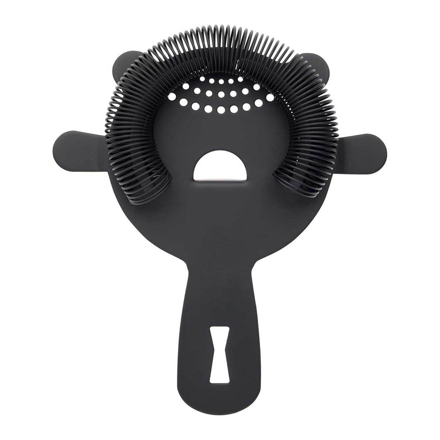 A Matte Black Barfly Heavy-Duty 4 Prong Spring Bar Strainer on a white background