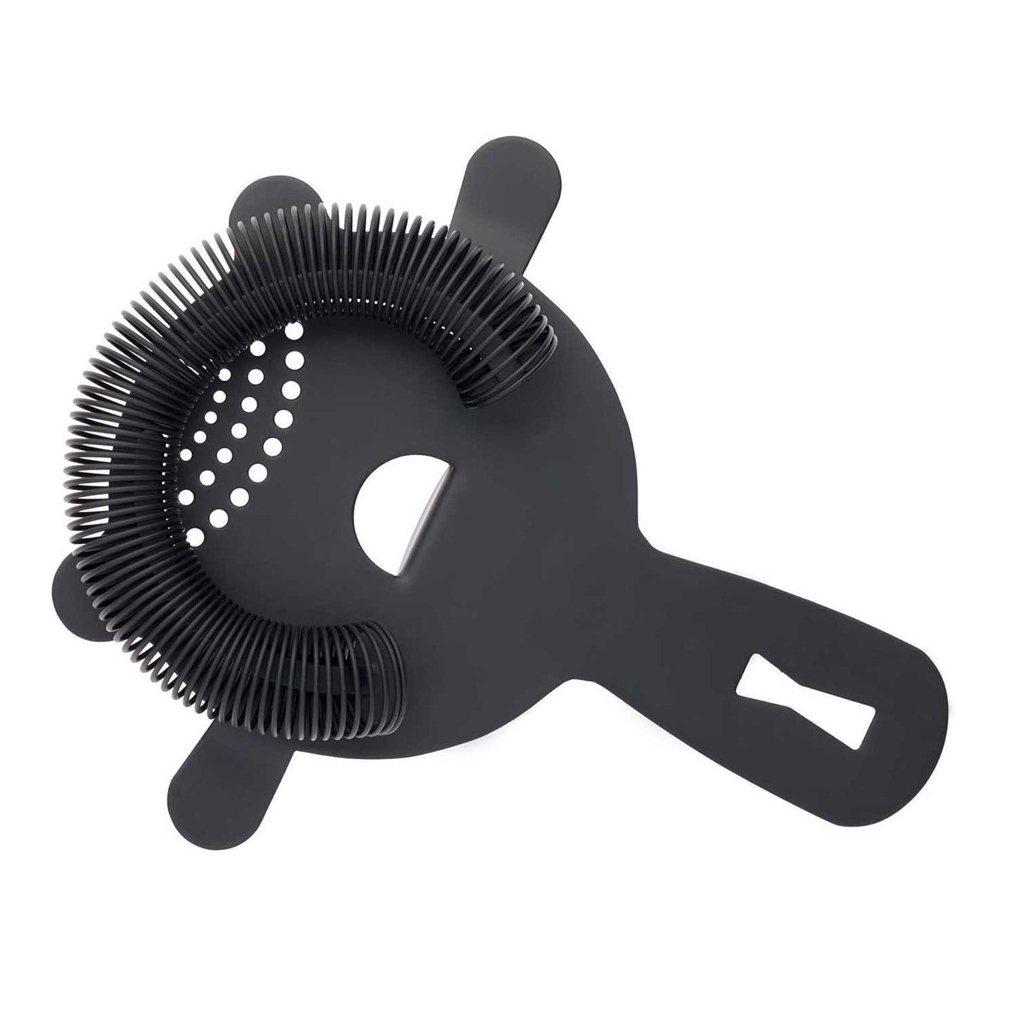 A Matte Black Barfly Heavy-Duty 4 Prong Spring Bar Strainer on a white background