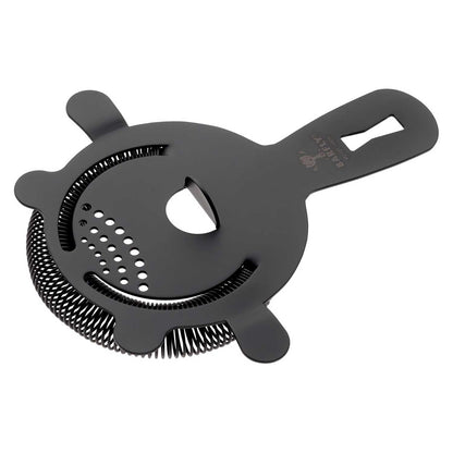 A Matte Black Barfly Heavy-Duty 4 Prong Spring Bar Strainer on a white background