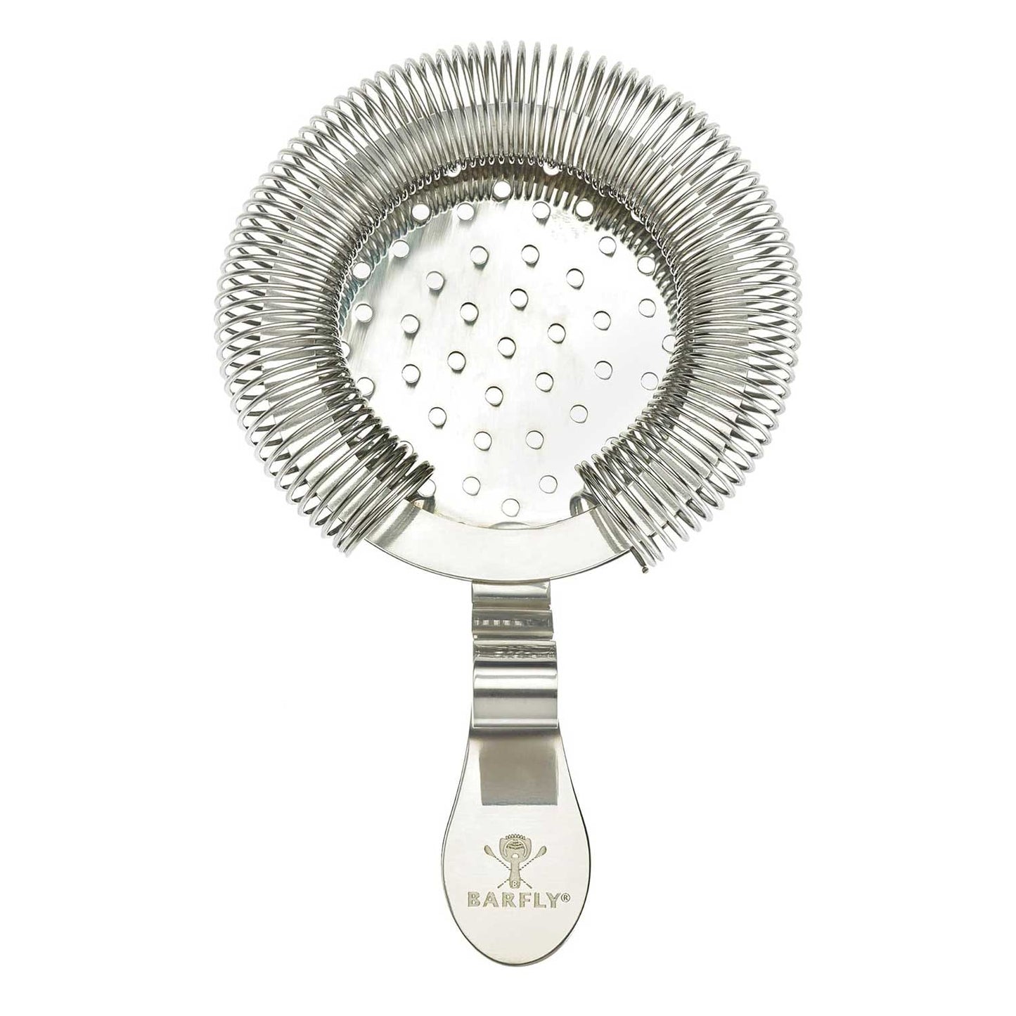 A Stainless Steel Barfly Throwing Strainer on a white background
