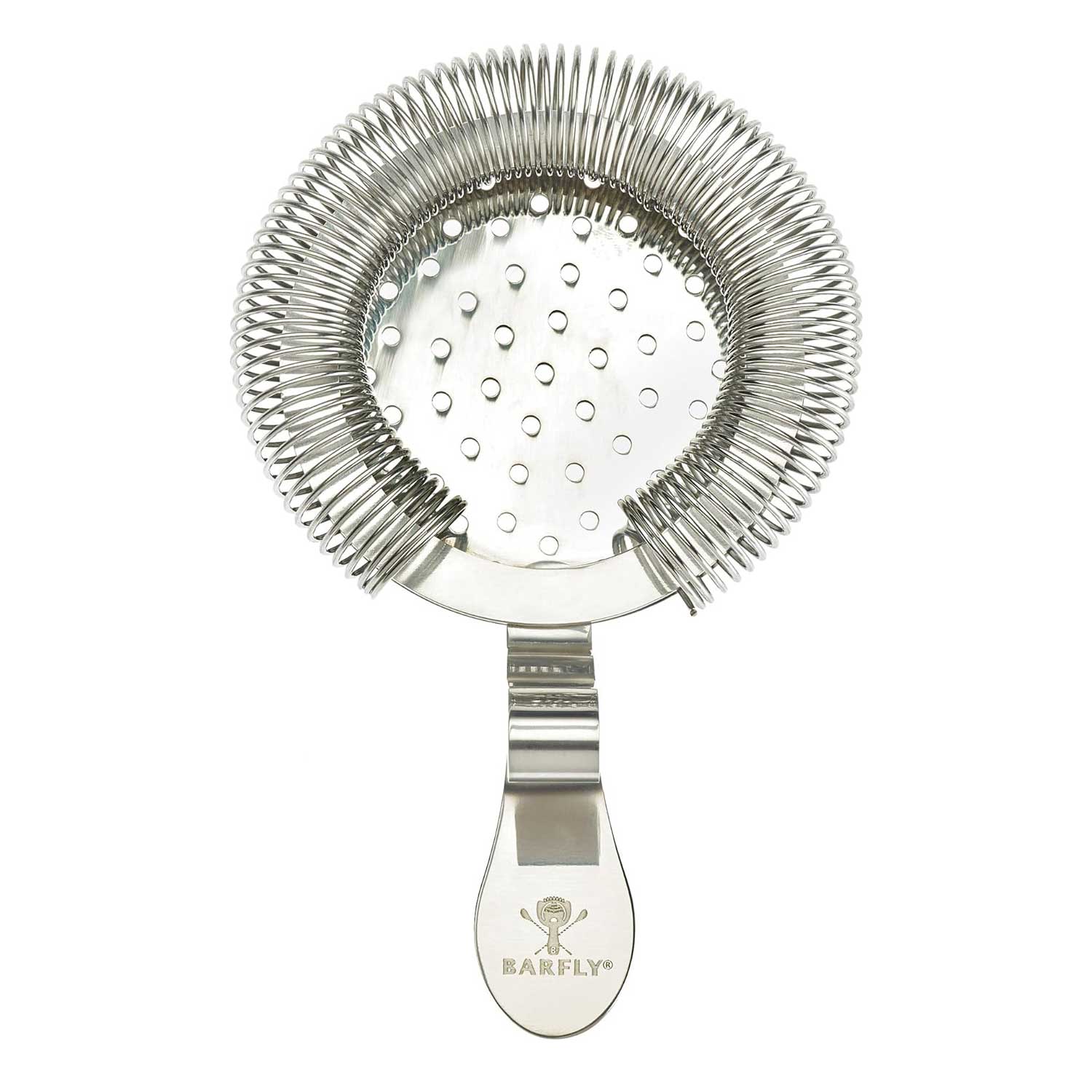 A Stainless Steel Barfly Throwing Strainer on a white background
