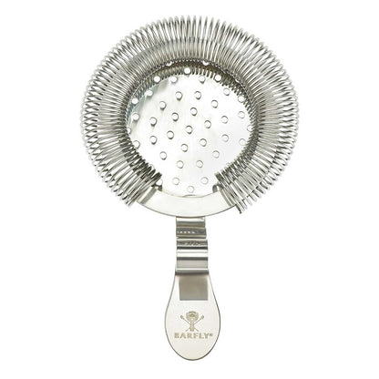 A Stainless Steel Barfly Throwing Strainer on a white background