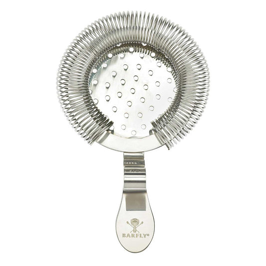 A Stainless Steel Barfly Throwing Strainer on a white background