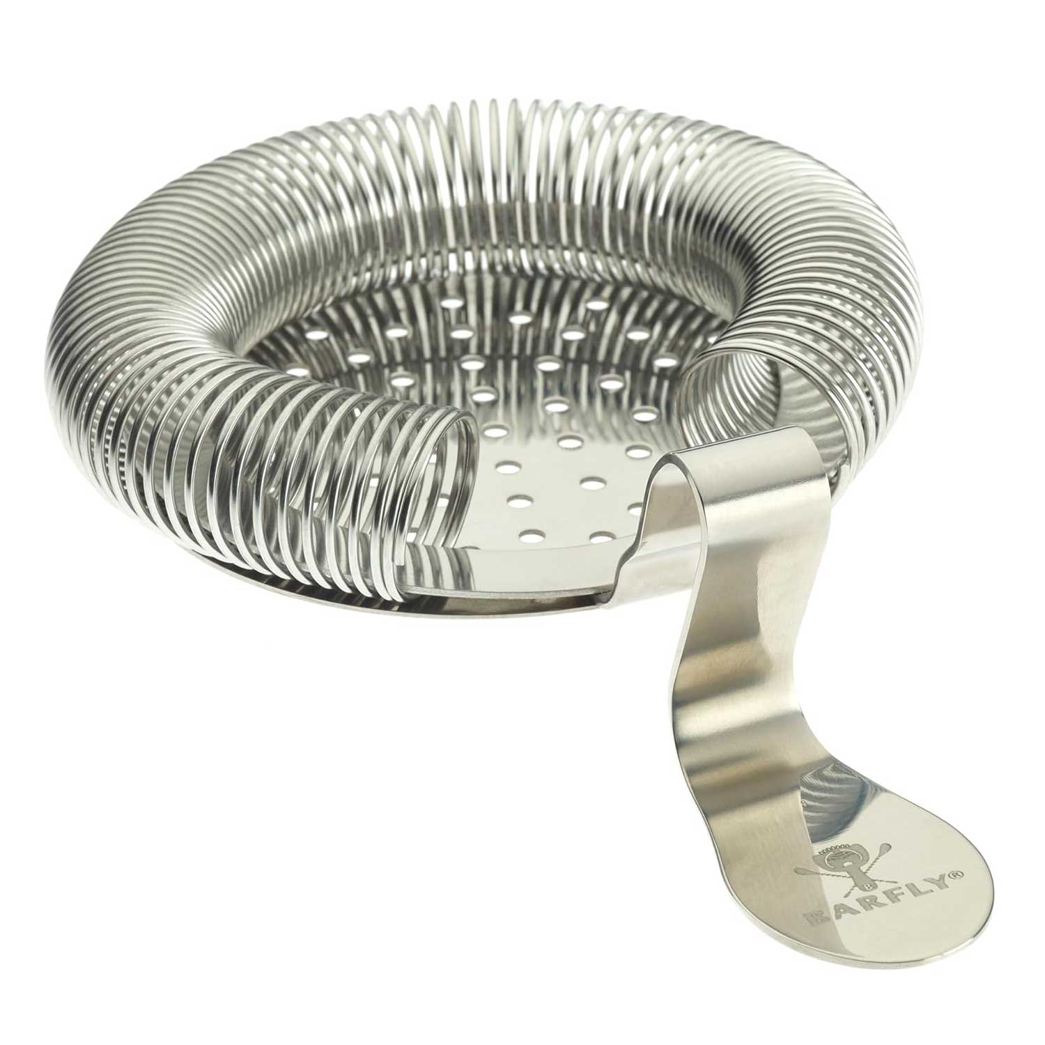 A Stainless Steel Barfly Throwing Strainer on a white background