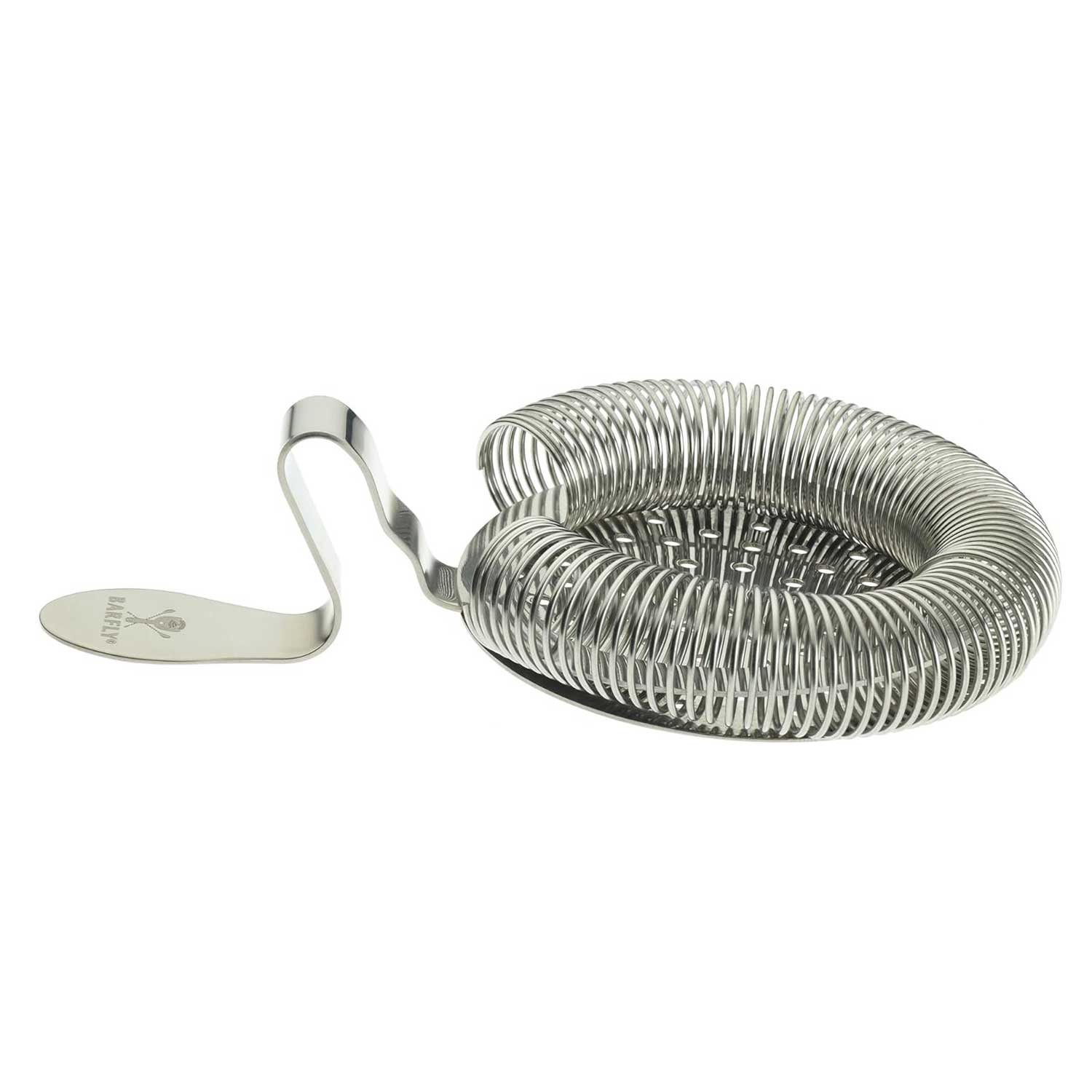 A Stainless Steel Barfly Throwing Strainer on a white background