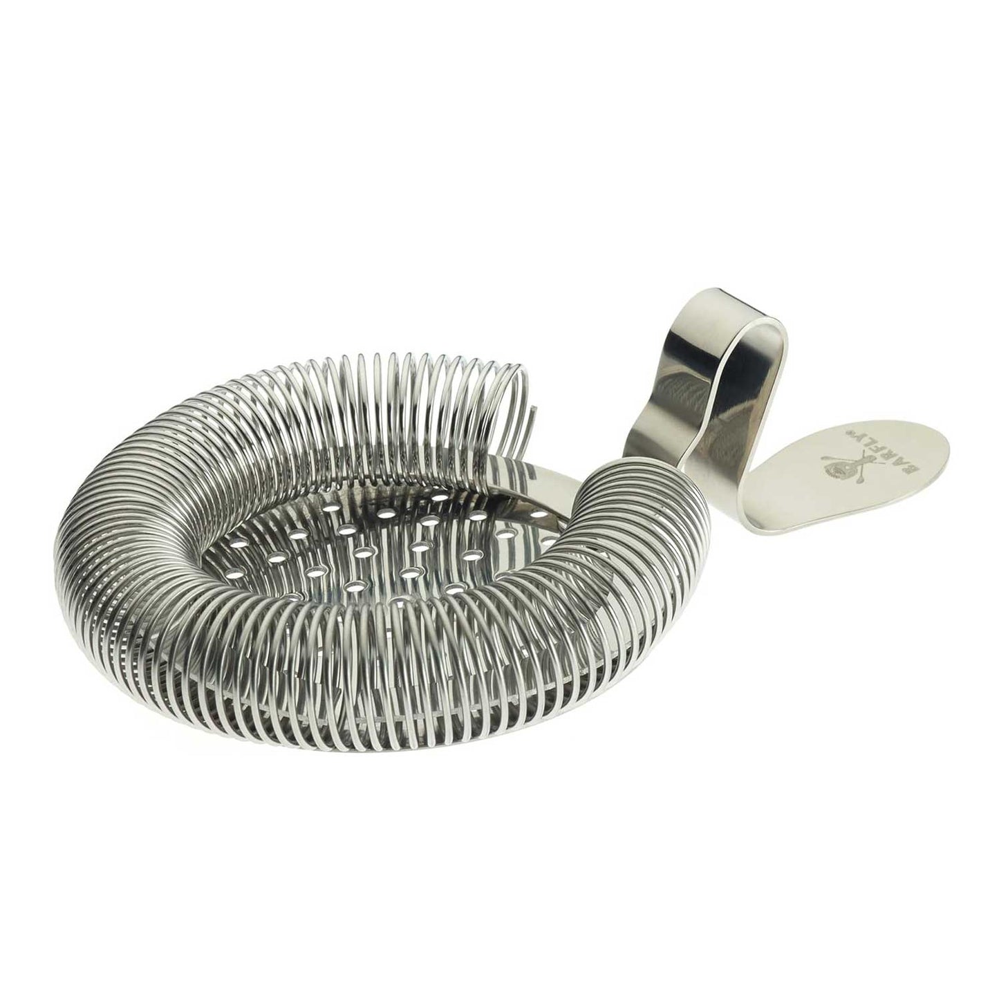 A Stainless Steel Barfly Throwing Strainer on a white background