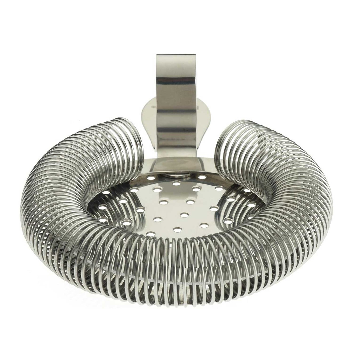 A close-up of the Stainless Steel Barfly Throwing Strainer on a white background