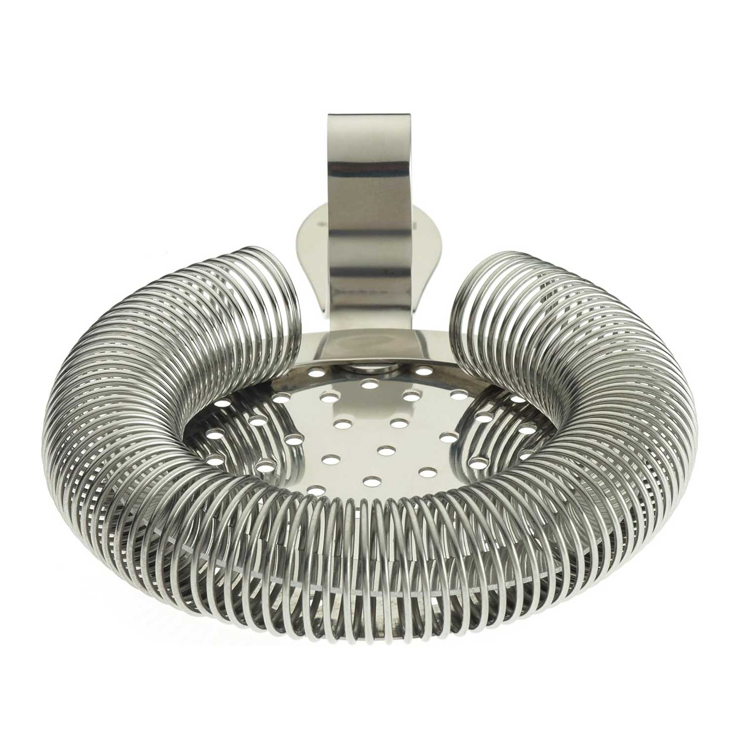 A close-up of the Stainless Steel Barfly Throwing Strainer on a white background