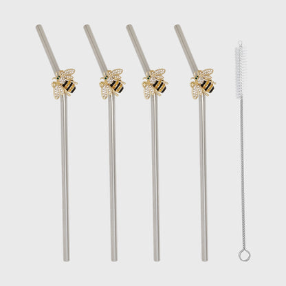 Stripey bee metal straws - Set of 4