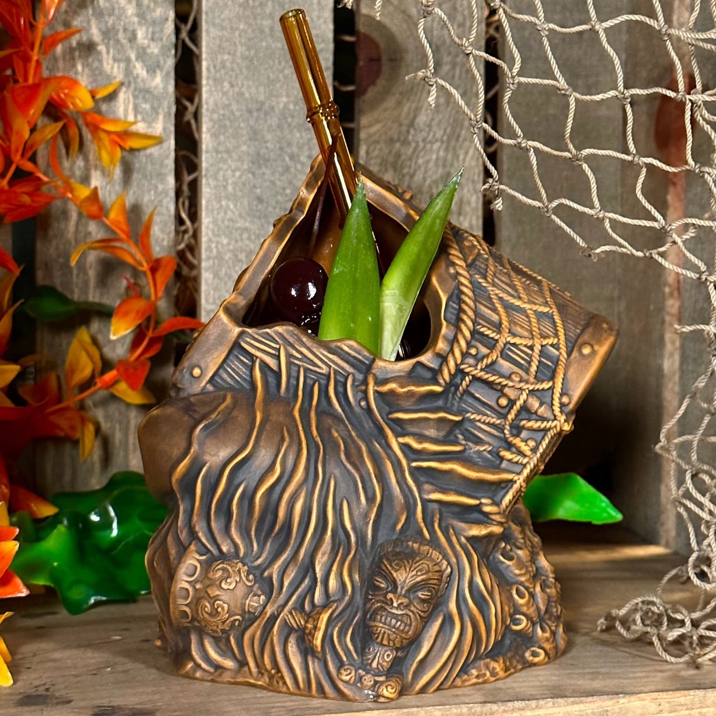 Sunken Treasure (Brown) Ceramic Tiki Mug - Ready to Ship! (FREE SHIPPING in U.S.)