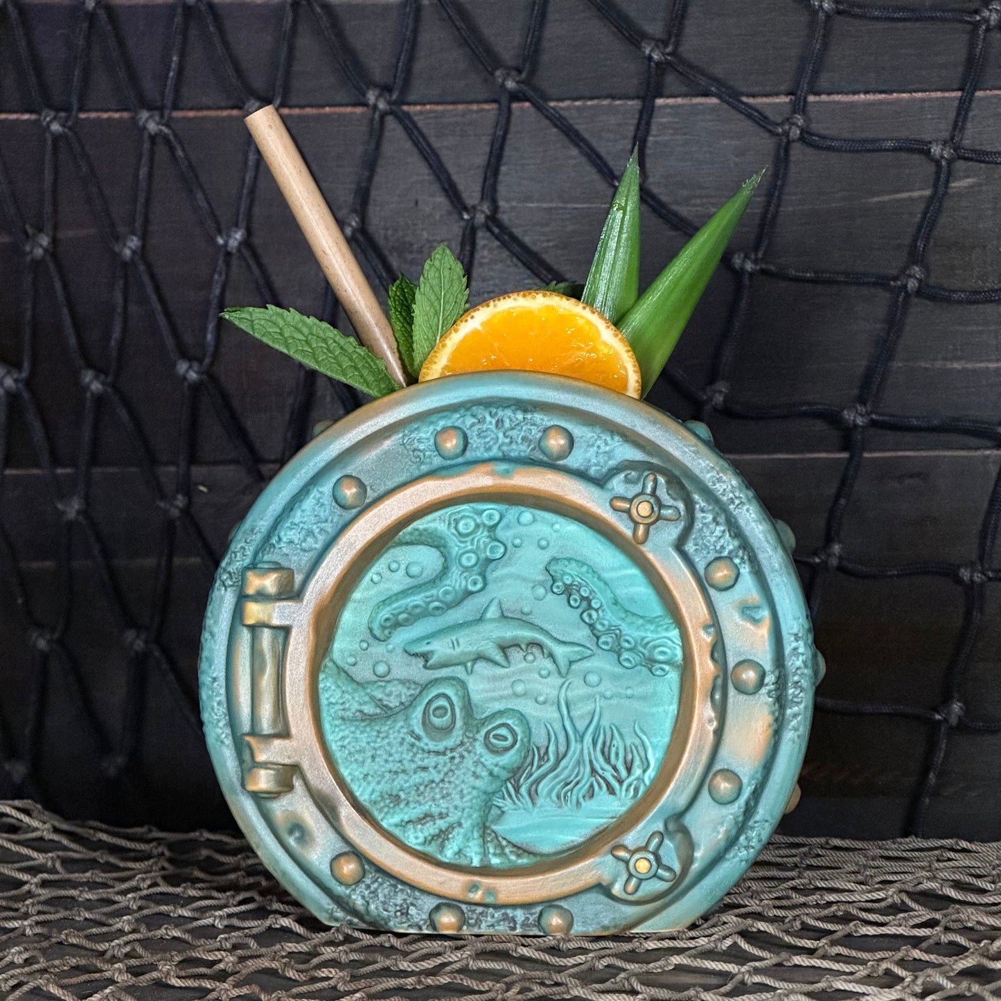 DIVE! DIVE! DIVE!  Ocean Patina Edition - Ceramic Tiki Mug, sculpt by Thor - Ready to Ship! (FREE SHIPPING in U.S.)