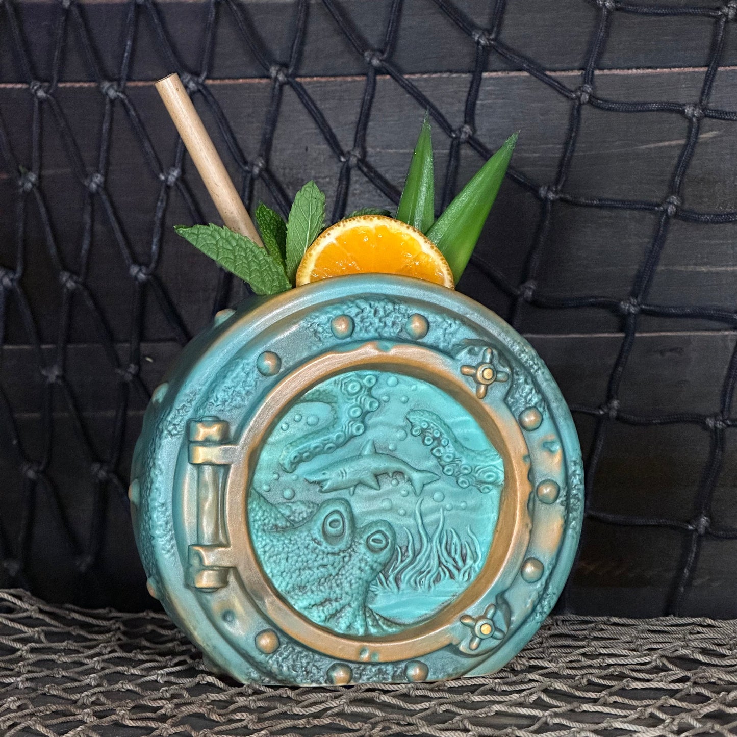 DIVE! DIVE! DIVE!  Ocean Patina Edition - Ceramic Tiki Mug, sculpt by Thor - Ready to Ship! (FREE SHIPPING in U.S.)