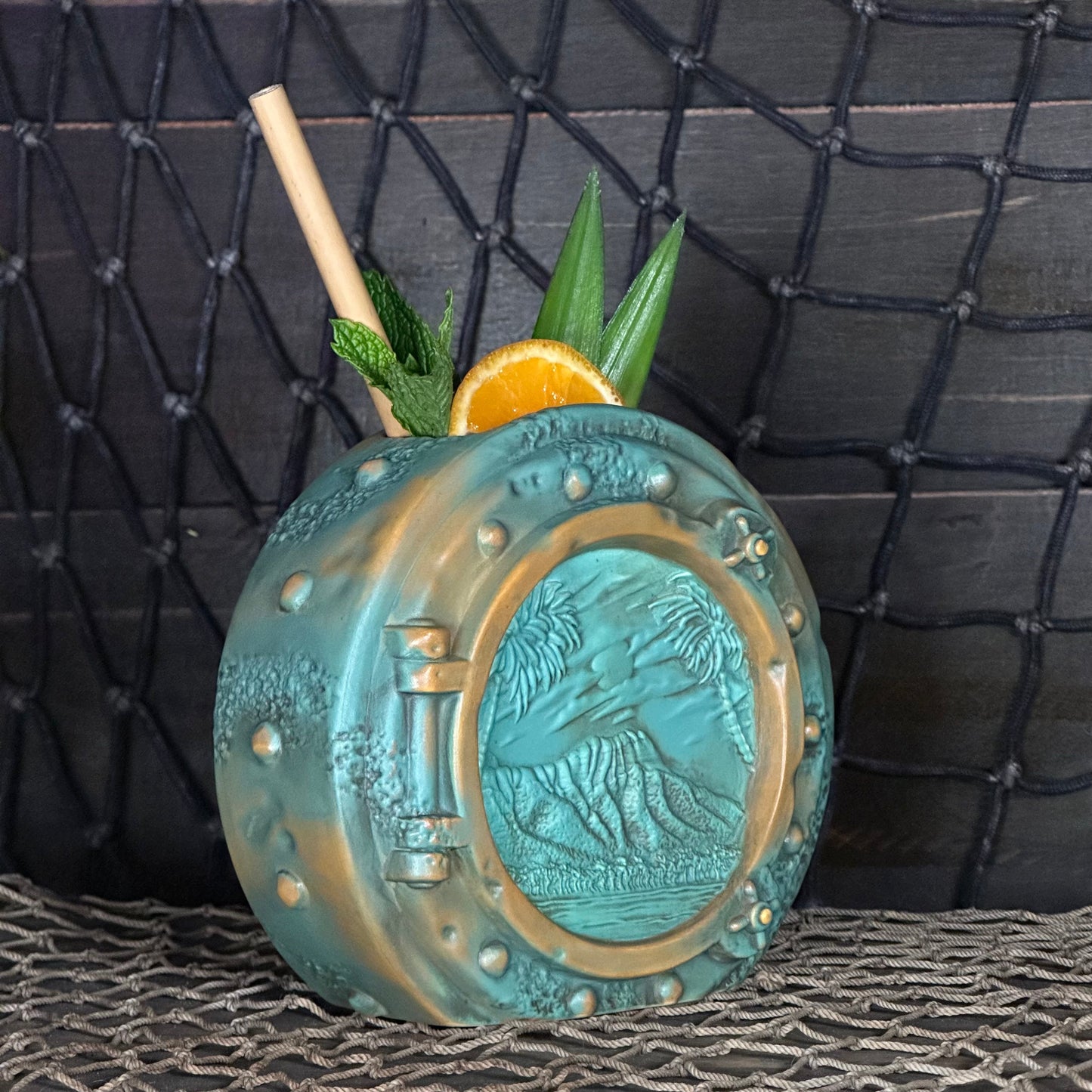 DIVE! DIVE! DIVE!  Ocean Patina Edition - Ceramic Tiki Mug, sculpt by Thor - Ready to Ship! (FREE SHIPPING in U.S.)