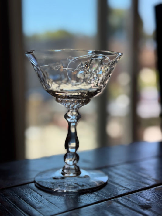 Vintage crystal flared coupe with hand etched floral/linear pattern - 7oz