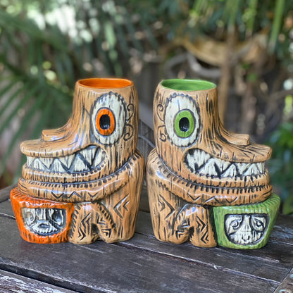 Tiki tOny's Enchanted Tiki Room Drummer ceramic Tiki Mug (Orange or Green), sculpted by Tiki tOny and Thor - Ready to Ship! (FREE SHIPPING in U.S.)