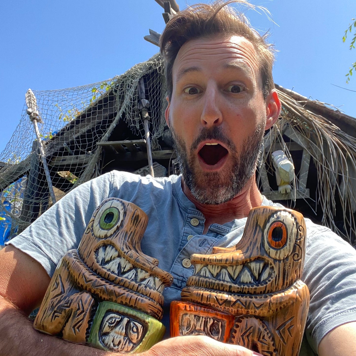 Tiki tOny's Enchanted Tiki Room Drummer ceramic Tiki Mug (Orange or Green), sculpted by Tiki tOny and Thor - Ready to Ship! (FREE SHIPPING in U.S.)