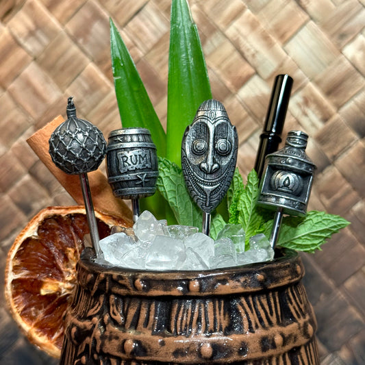 TikiLand Trading Co.'s 'Tiki Bar Classics' Sculpted Metal Swizzle Sticks - Set of Four (4) - Ready to Ship / Rolling Pre-Order (FREE SHIPPING in U.S.)