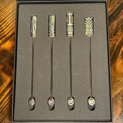 TikiLand Trading Co.'s 'Heritage Aloha' Sculpted Metal Swizzle Sticks - Set of Four (4) - Ready to Ship / Rolling Pre-Order (FREE SHIPPING in U.S.)