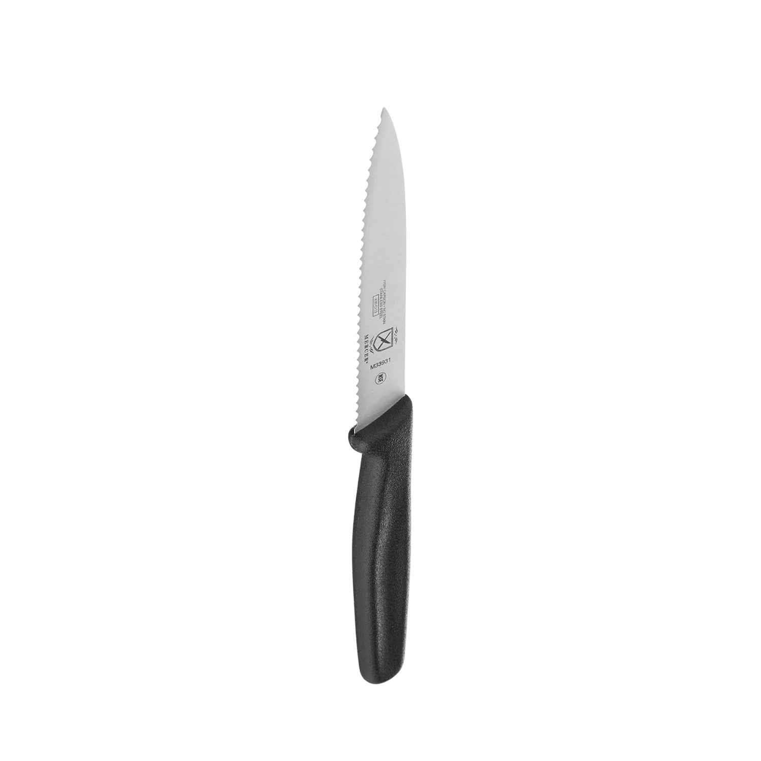 A 4 inch black Mercer Culinary Pointed Tip Wavy Bar Knife on a white background