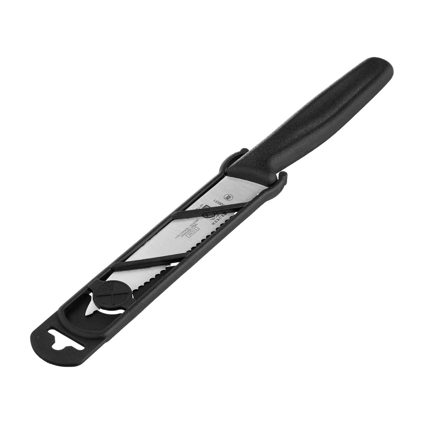 A 4 inch black Mercer Culinary Pointed Tip Wavy Bar Knife on a white background