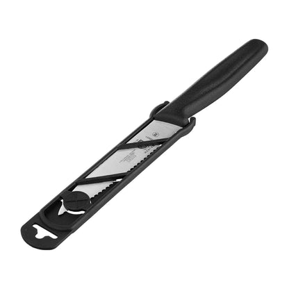 A 4 inch black Mercer Culinary Pointed Tip Wavy Bar Knife on a white background