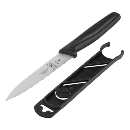 A 4 inch black Mercer Culinary Pointed Tip Wavy Bar Knife on a white background